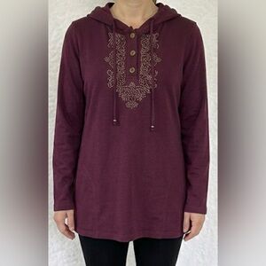 Susan Graver Artisan Studded Button-Front Hoodie Tunic XXS Plum Color